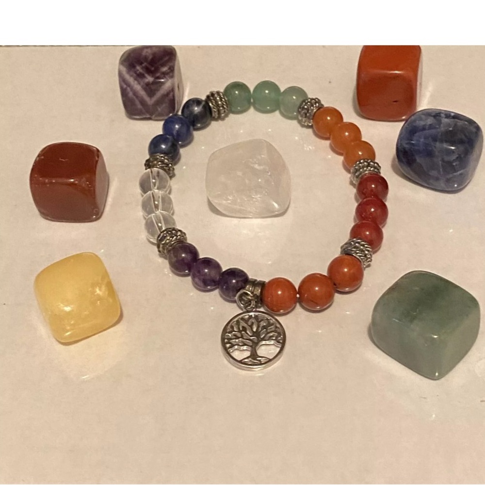 Mothers Day? Colorful Chakra Bracelet /  Tree of Life Charm & 6 Polished Stones.